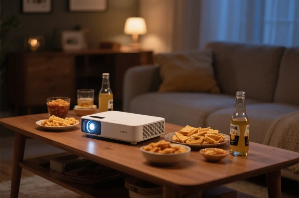A close-up of a wooden coffee table in a living room with snacks and a generic projector